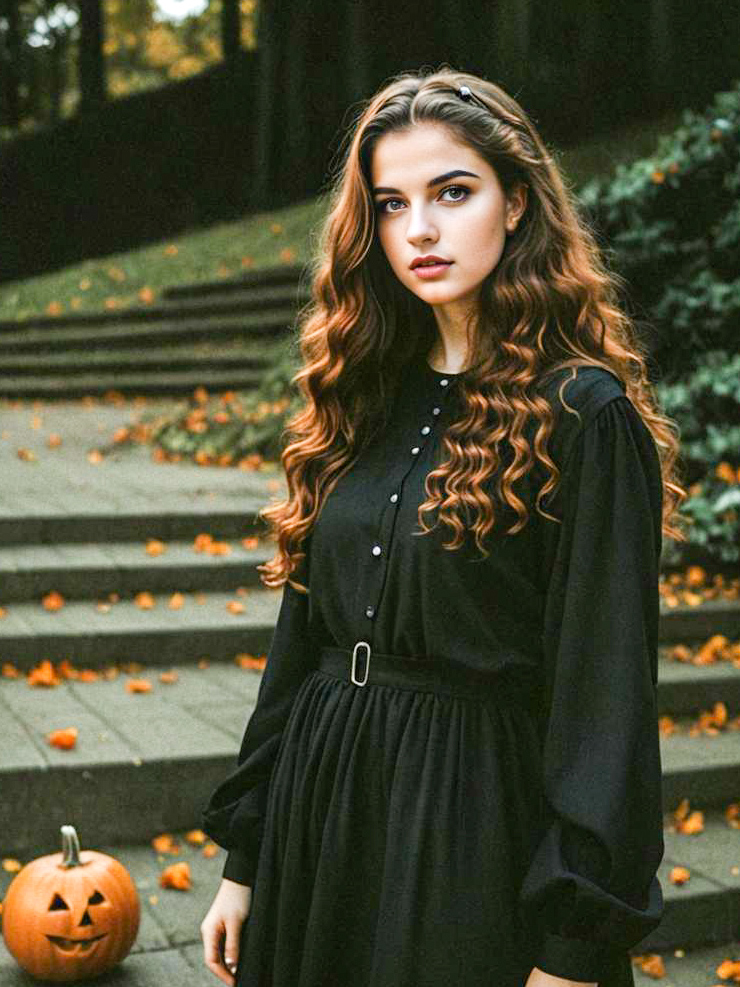 Young Woman in Black Outfit with Pumpkin in Autumn Leaves