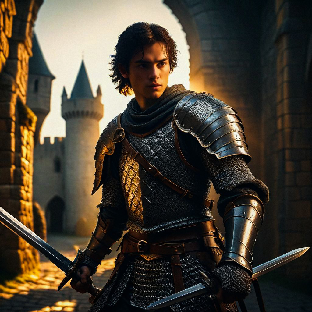 Young Man in Medieval Armor with Swords at Sunset Young Man in Medieval Armor with Swords at Sunset