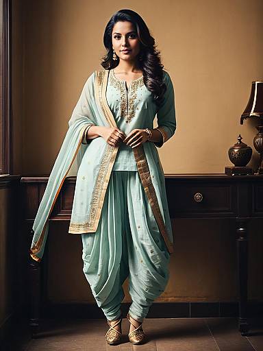Elegant Woman in Traditional Dhoti Suit Salwar with Golden Embroidery