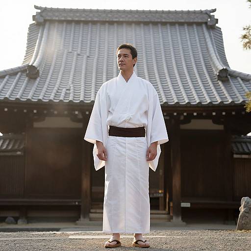 Man in Traditional White Kimono Standing at Japanese Temple
