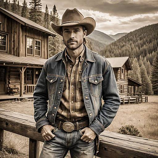 Vintage Cowboy Man in Denim Jacket and Hat by Mountain Cabins