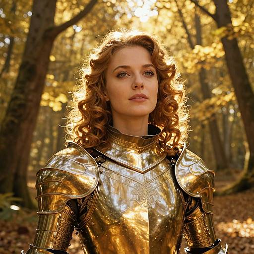 Woman Wearing Golden Medieval Armor in Autumn Forest