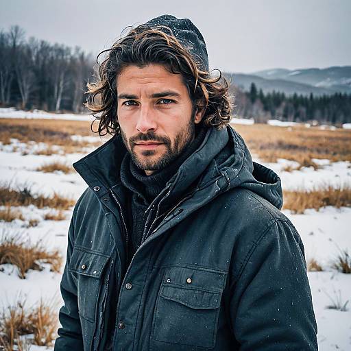 Man in Winter Jacket Standing in Snowy Mountain Landscape