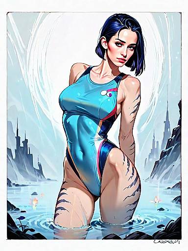 Futuristic Fantasy Woman in Blue Swimsuit Digital Art