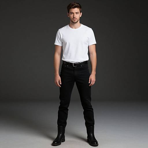 Young Man Wearing White T-Shirt and Black Jeans Standing Confidently
