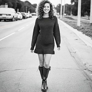 Confident Woman in Sweater Dress on Quiet Street
