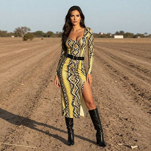 Woman in Yellow Snakeskin Dress and Black Boots in Open Field