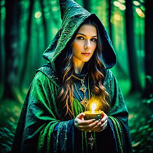 Mysterious Woman in Green Cloak in Enchanted Forest