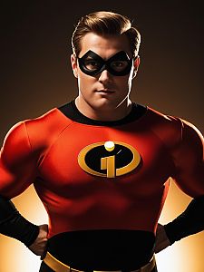 Man Cosplay Wearing Realistic Mr. Incredible Costume Photo