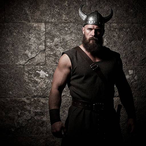 Viking Warrior Man in Horned Helmet Against Stone Wall