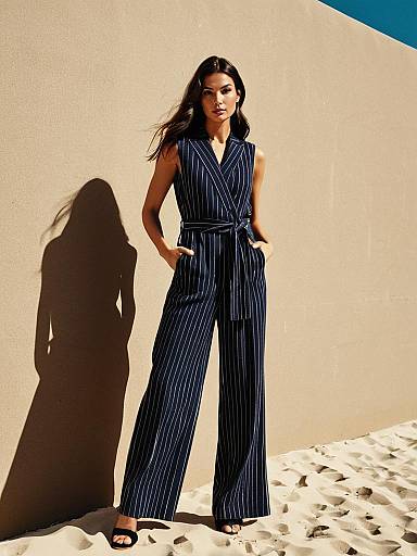 Woman in Navy Pinstripe Sleeveless Jumpsuit Standing Against Beige Wall in Sunlight