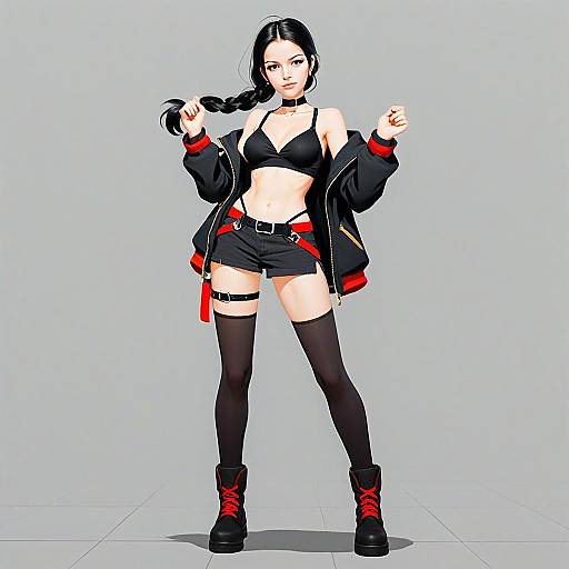 Confident Young Woman in Bold Streetwear with Black and Red Accents