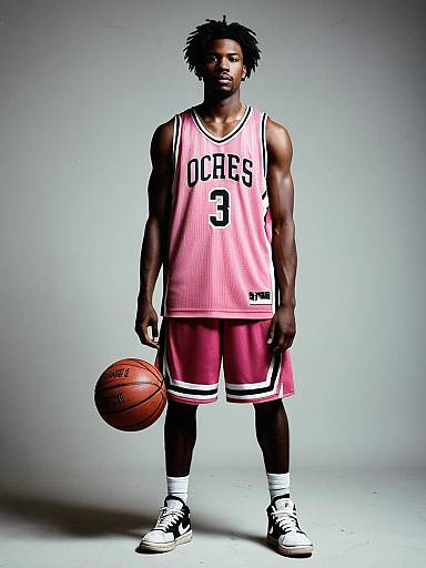 Man Wearing Pink Basketball Jersey Holding Basketball in Studio