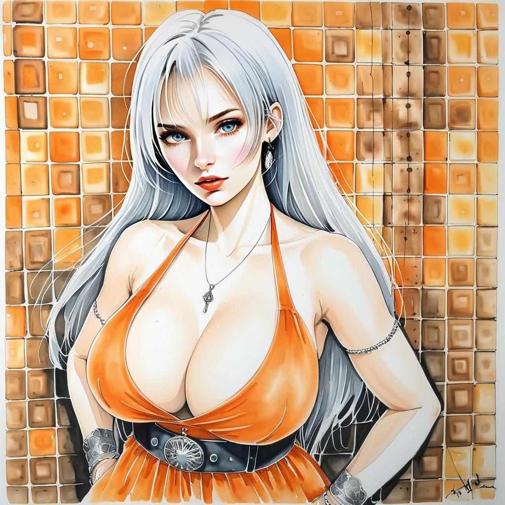 Confident Woman in Orange Dress with Silver Hair