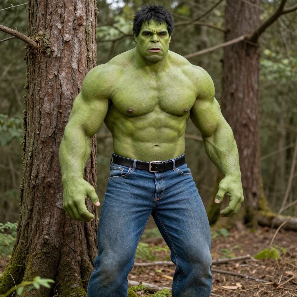 Muscular Man Dressed as Hulk Standing in Forest