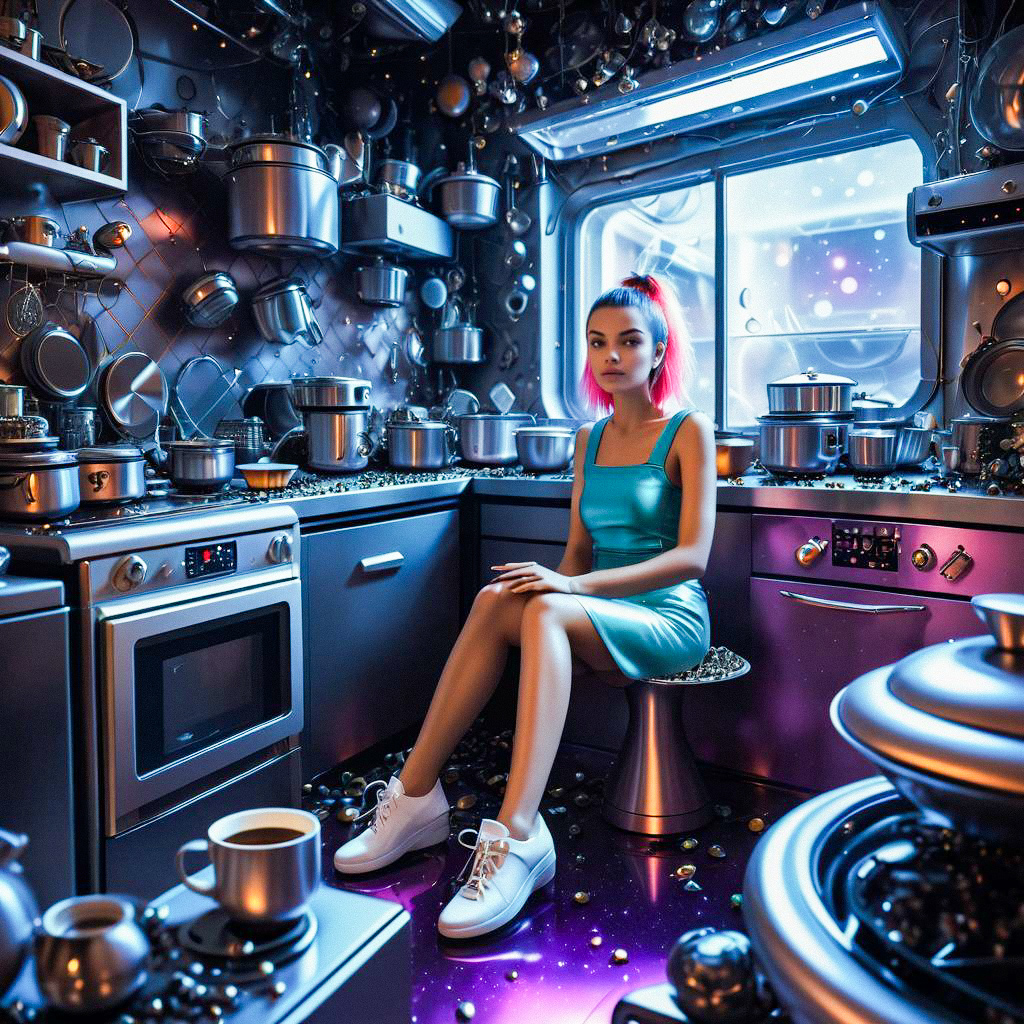 Whimsical Futuristic Kitchen with Confident Woman