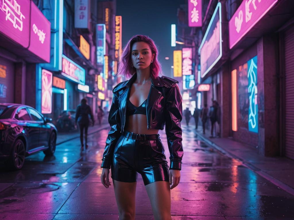 Confident woman in leather jacket under neon lights