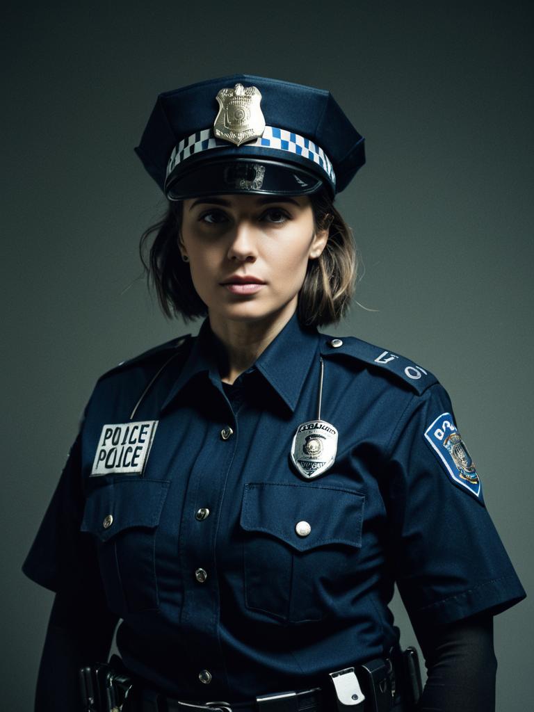 Woman in Police Costume Cinematic Realism Stylish Dramatic Portrait