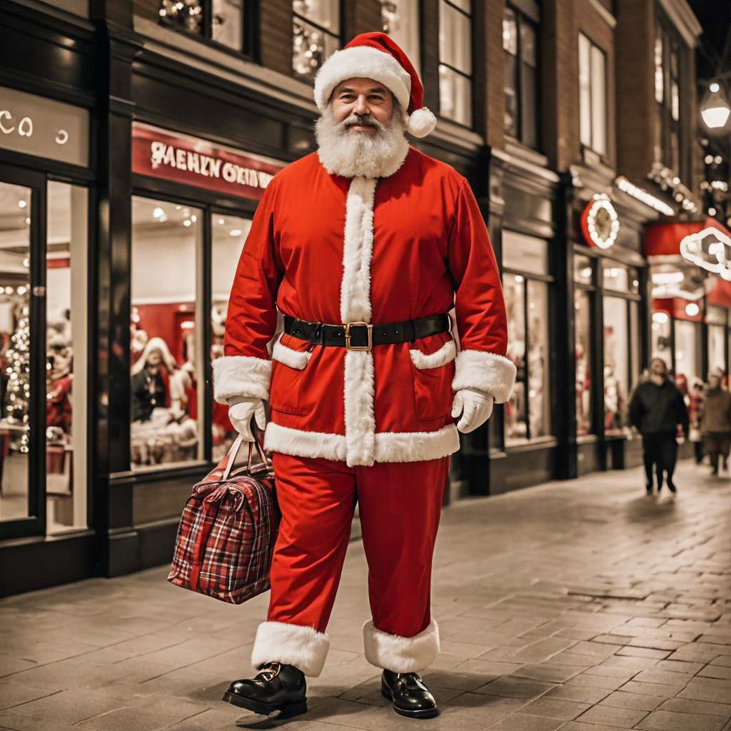 Man Dressed as Santa Claus Carrying Plaid Bag on Festive City Street at Night