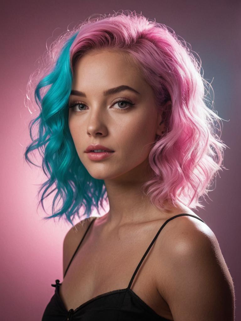 Young Woman with Split-Toned Pink and Blue Hair