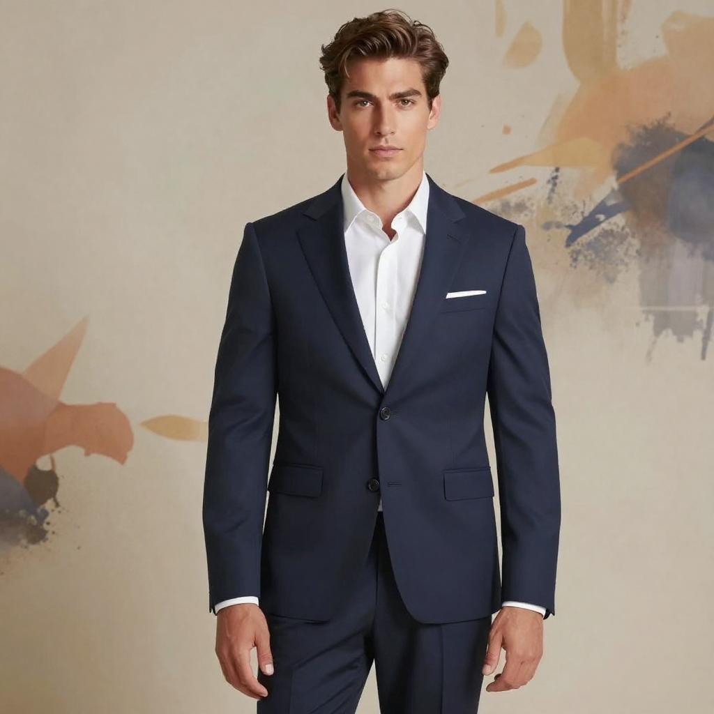 Young Man Wearing Navy Blue Suit and White Shirt in Modern Business Style