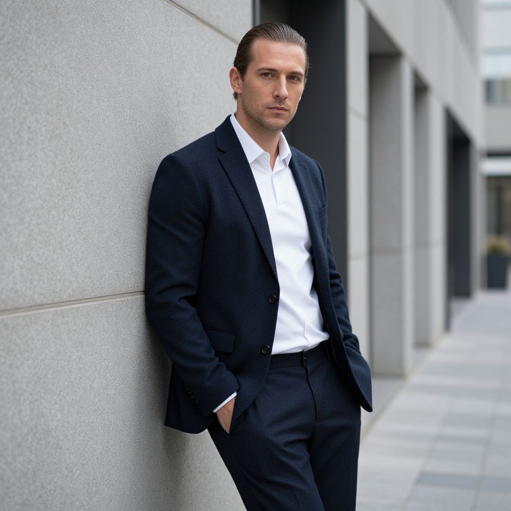 Confident Man in Navy Blue Suit Leaning on Gray Wall in Urban Setting