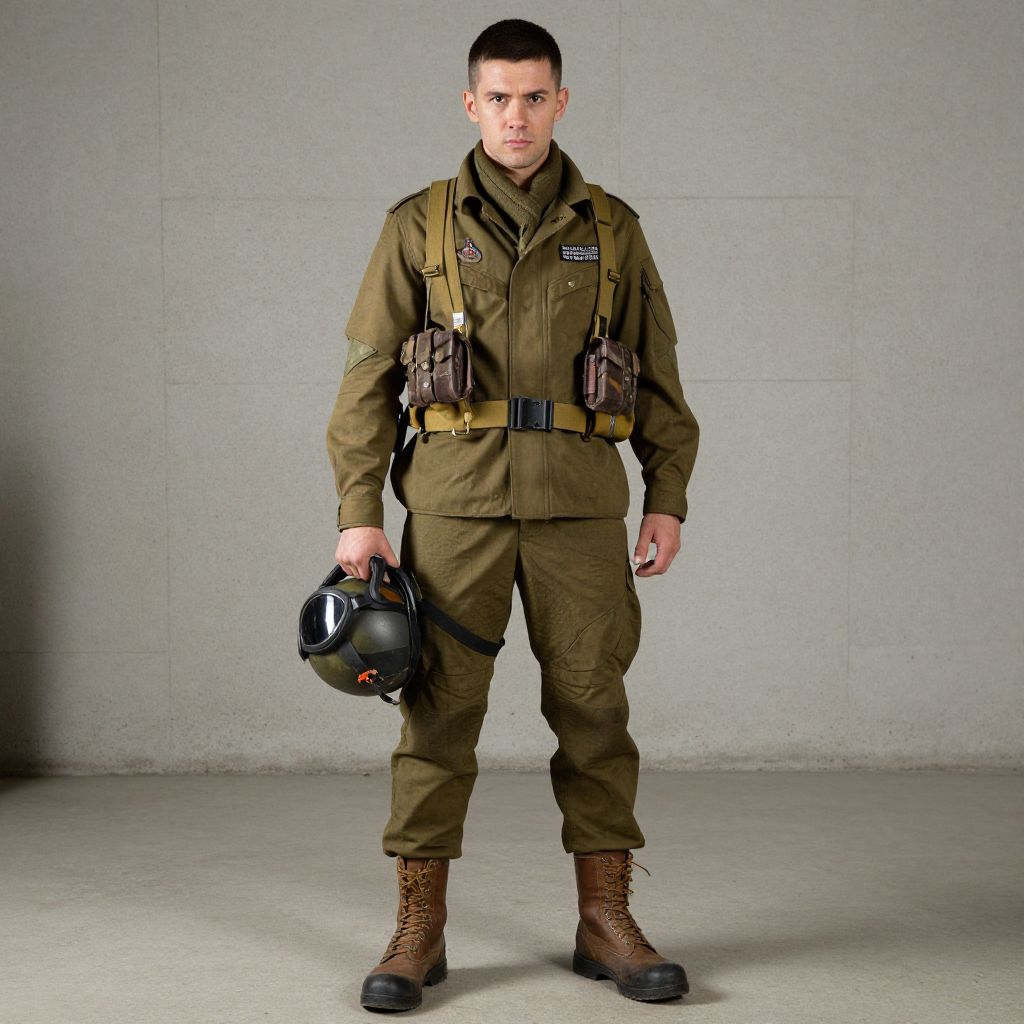Man in Vintage Military Uniform Holding Helmet