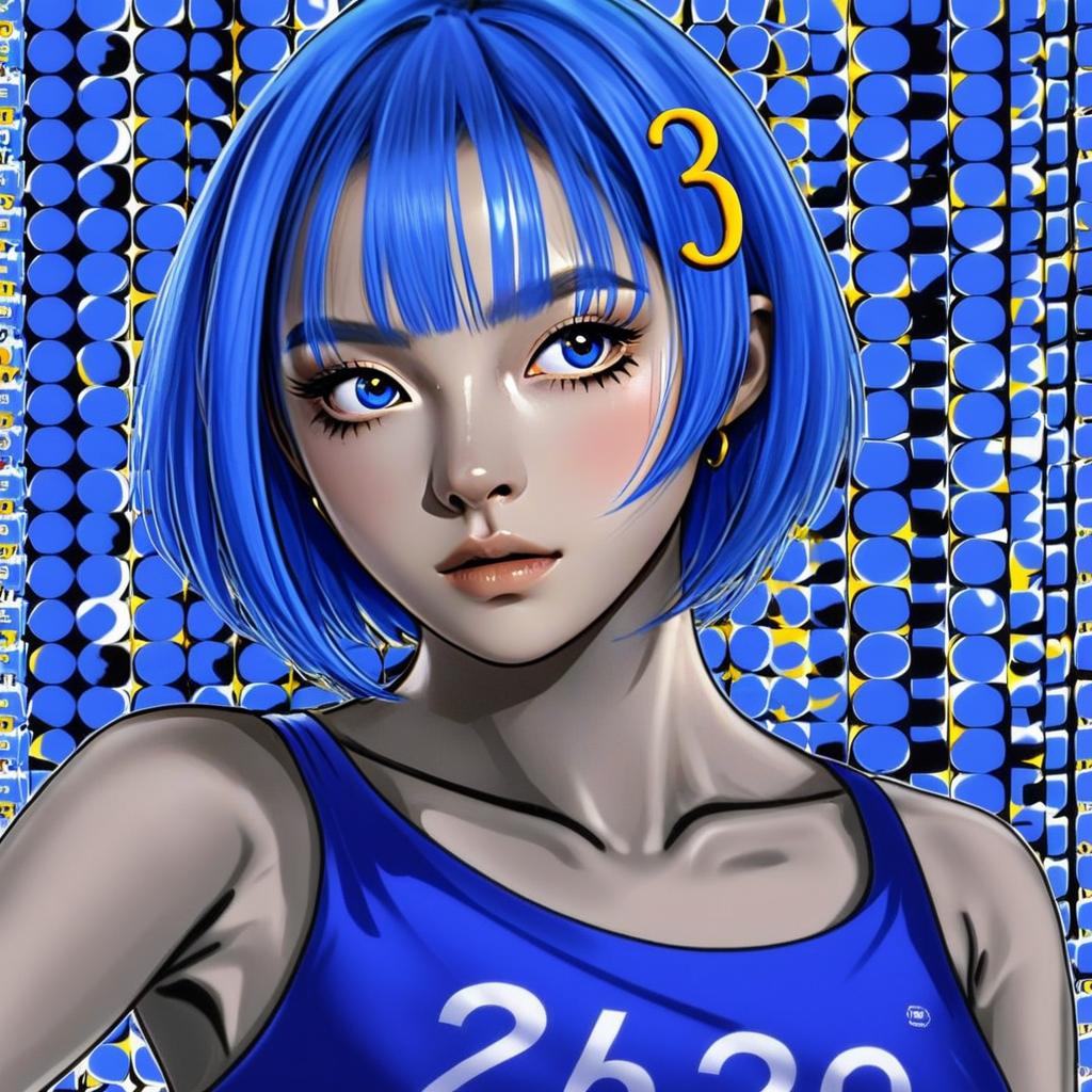 Blue-Haired Woman Illustration with Number Hairpin in Pop Art Background