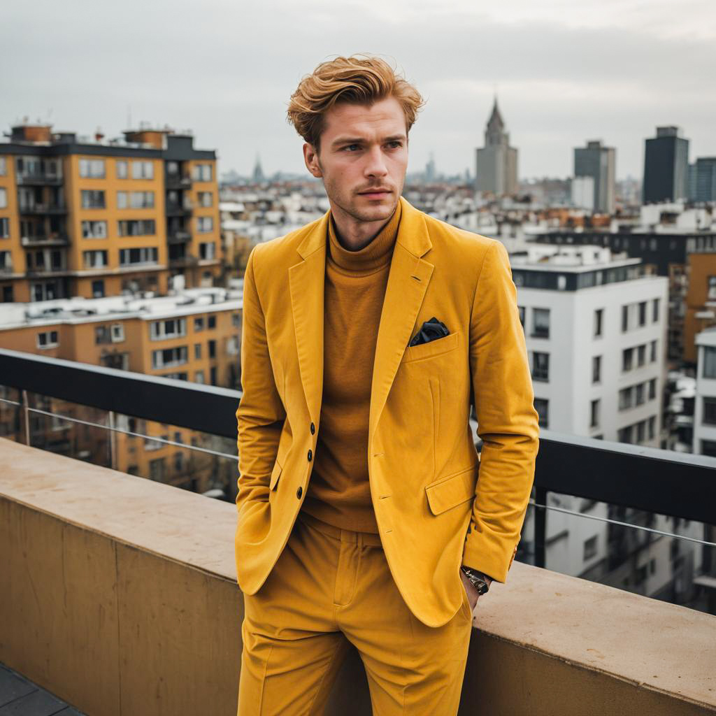 Stylish Young Man in Yellow Suit on Rooftop