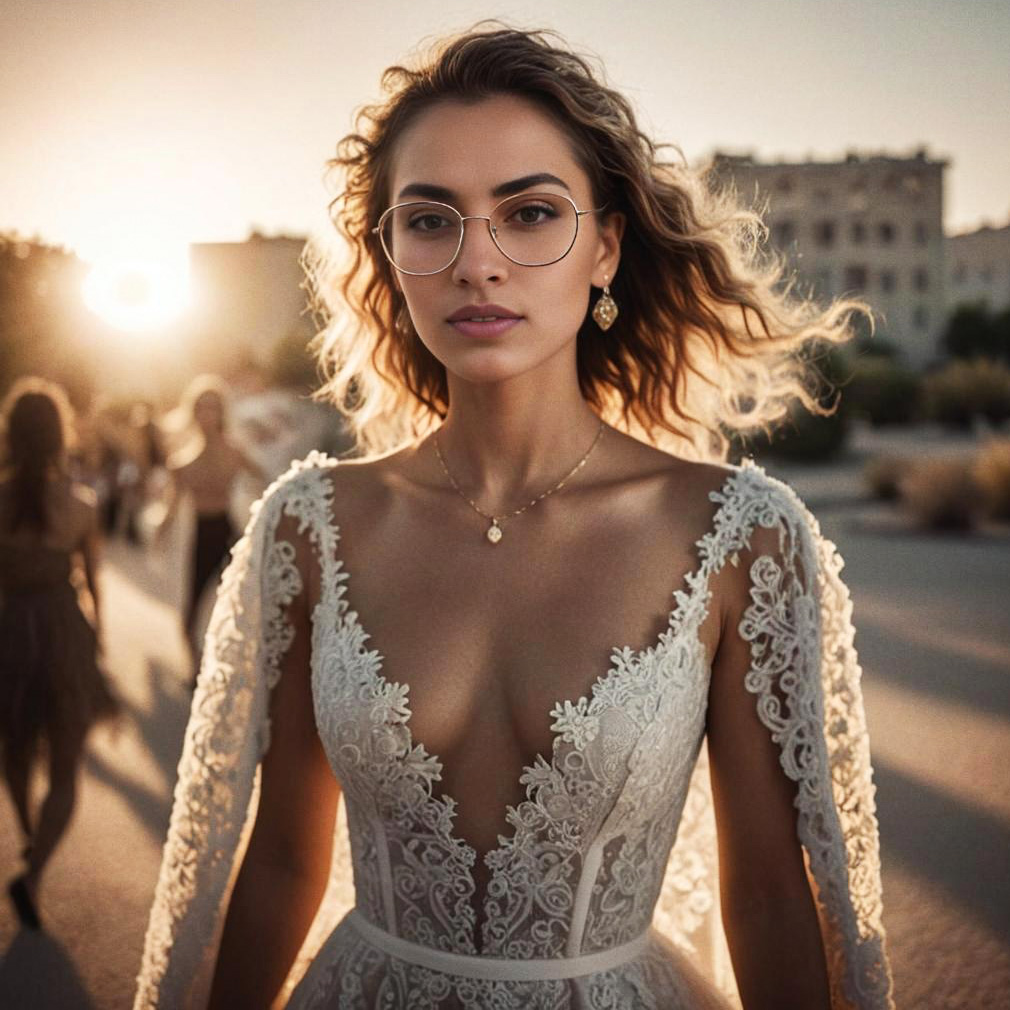 Elegant Woman in Lace Wedding Dress at Sunset