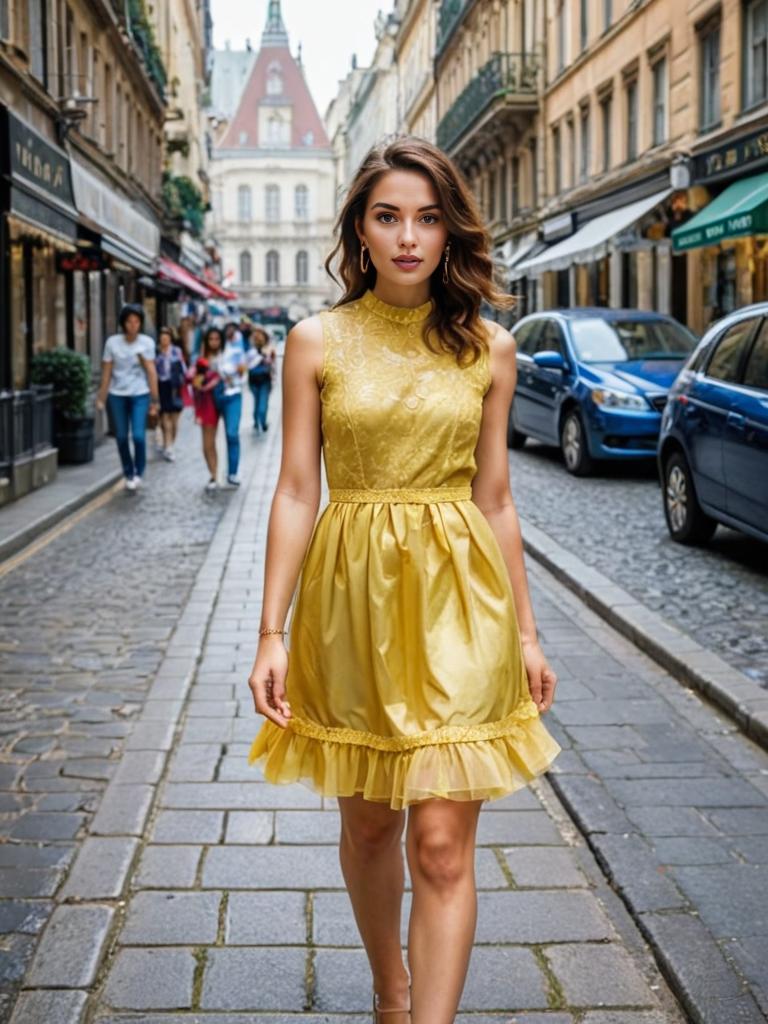 Woman in Yellow Dress on Cobblestone Street