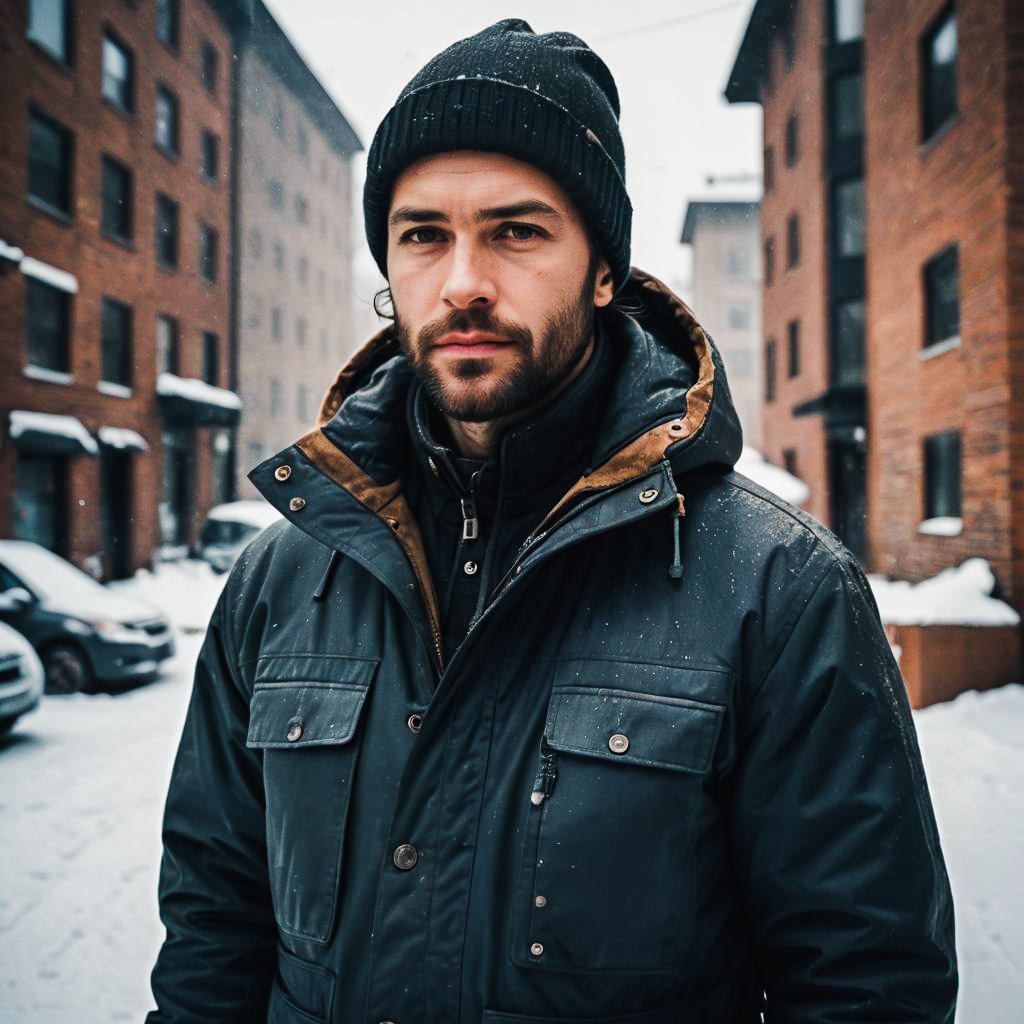 Man in Rugged Winter Style in Snowy Urban Setting