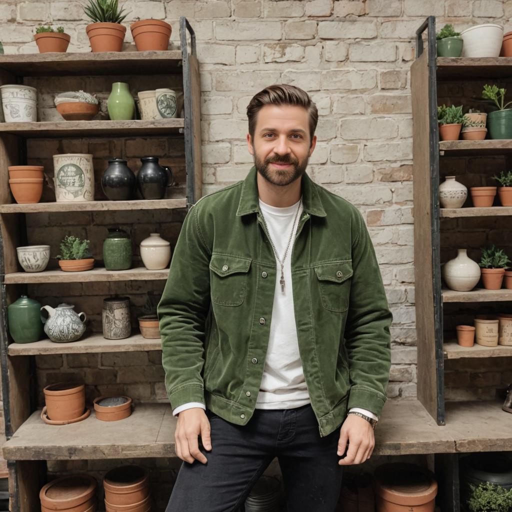 Stylish man in front of rustic shelving with plants and pottery