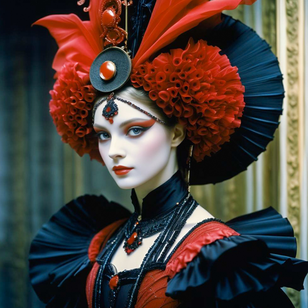 Fashion Model with Elaborate Headpiece in Red and Black