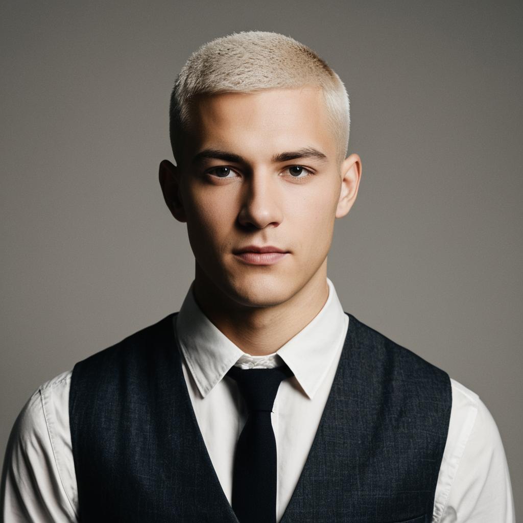 Young Man with Platinum Blonde Hair in Formal Attire