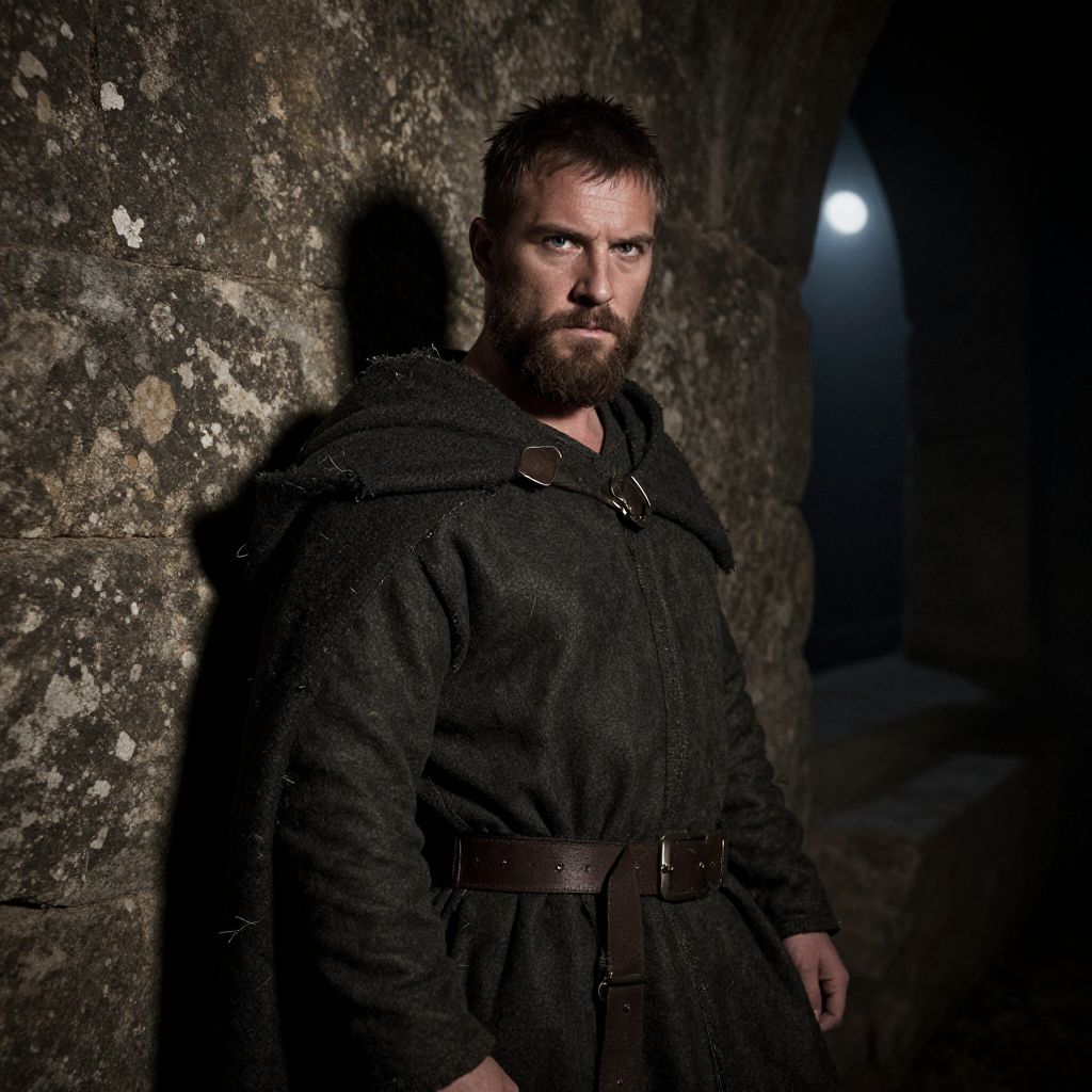 Medieval Warrior in Cloak Leaning Against Stone Wall at Night