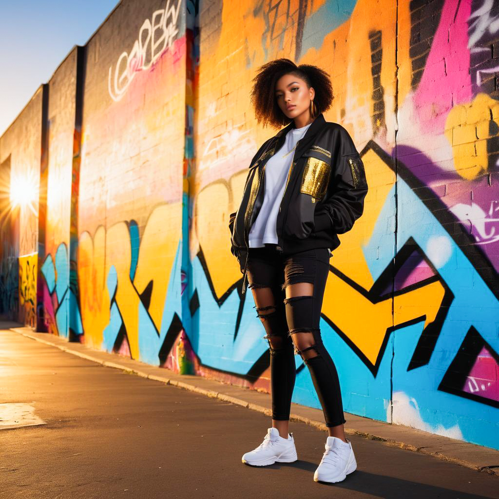 Woman in Urban Street Style Against Graffiti