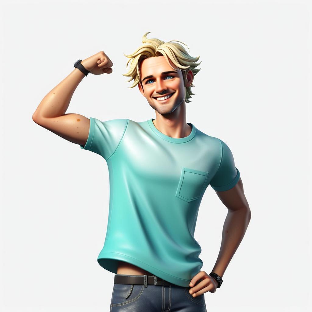 Young Man Flexing Muscles in Teal T-Shirt
