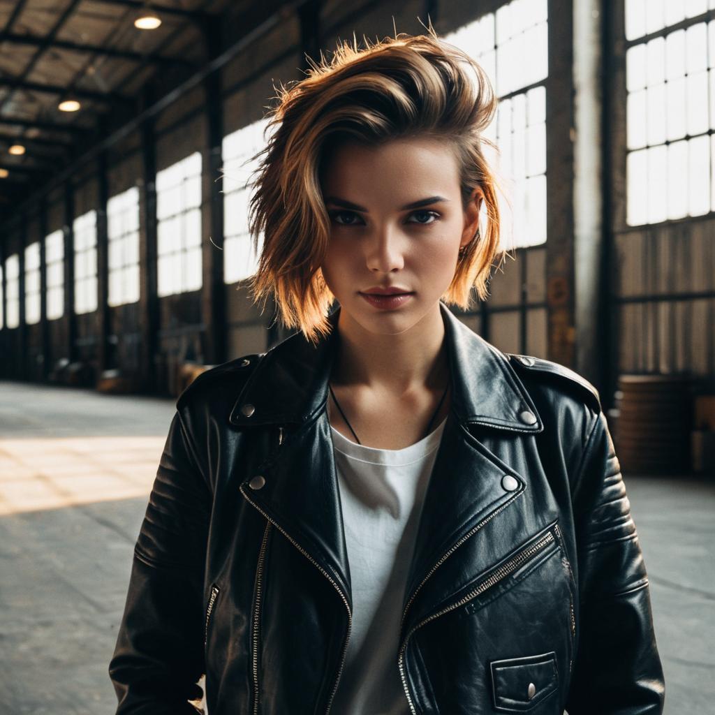 Confident Woman in Black Leather Jacket in Industrial Warehouse