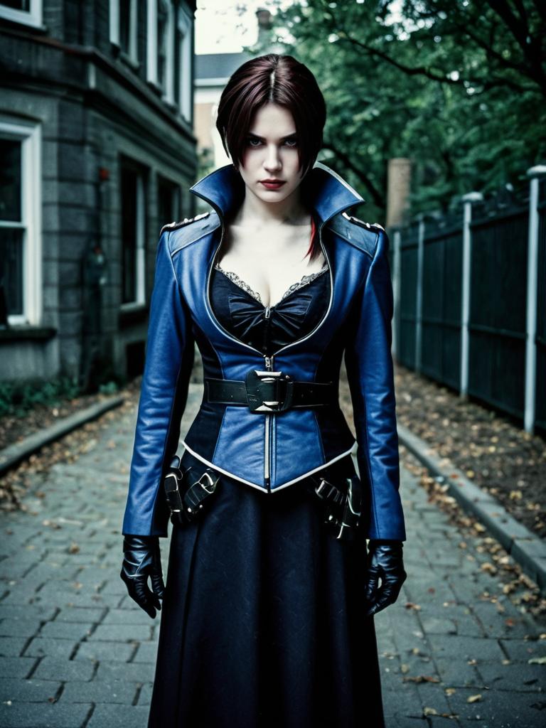 Confident Woman in Blue Leather Jacket on Cobblestone Street