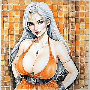 Confident Woman in Orange Dress with Silver Hair