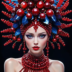 Striking Portrait of Woman in Red and Blue Headpiece
