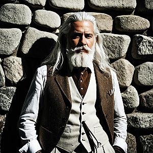 Distinguished Older Man with Long White Hair Wearing Vintage Brown Vest and Cream Waistcoat