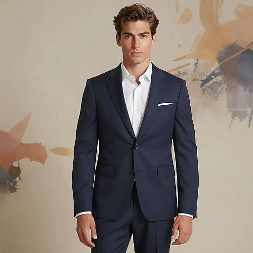 Young Man Wearing Navy Blue Suit and White Shirt in Modern Business Style
