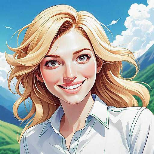 Digital Illustration of Smiling Blonde Woman Outdoors with Mountain Background