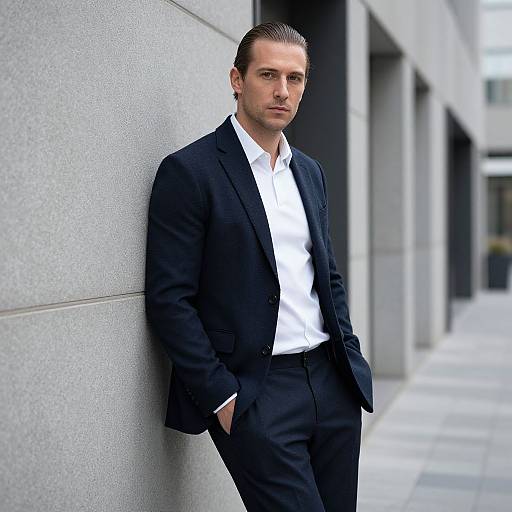 Confident Man in Navy Blue Suit Leaning on Gray Wall in Urban Setting