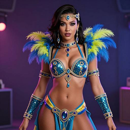 Elegant Woman in Vibrant Blue and Yellow Feathered Carnival Costume