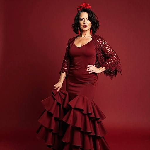 Elegant Woman in Red Flamenco Dress with Lace Shawl and Accessories