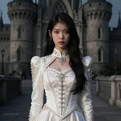 Woman in Elegant Medieval White Gown Standing Before Stone Castle
