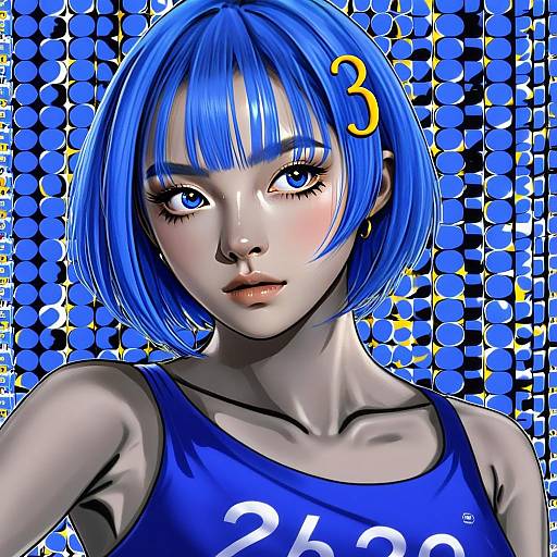 Blue-Haired Woman Illustration with Number Hairpin in Pop Art Background